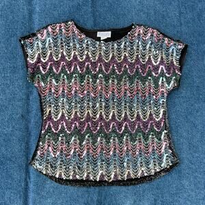 80s Copy Cats metallic silver sequin wave pattern top